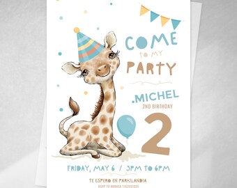 Giraffe invitation with a party hat, editable text in Canva, giraffe invitations from Tukit