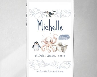 Sea animal invitation, editable text in Canva, invitation with penguin, octopus, seal, and tuco-tuco