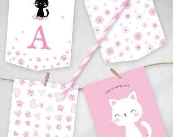 Printable birthday banners with kittens, cats, and flowers - Tukit
