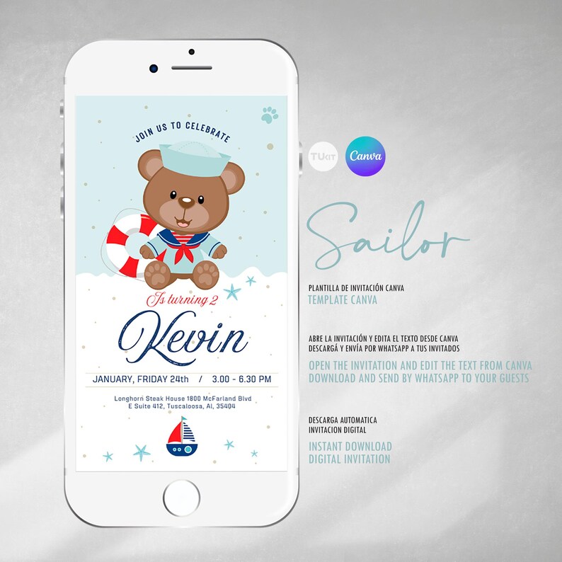 May include: A digital invitation for a 2-year-old's birthday party. The invitation features a cartoon teddy bear dressed as a sailor, a life preserver, and a sailboat. The invitation is for a party on January 24th from 3:00 to 6:30 PM at Longhorn Steak House. The invitation is titled "Sailor" and includes the text "Join us to celebrate Kevin is turning 2".