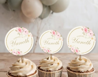 Cupcake topper, pink watercolor flowers, editable text, 2 inches, Tukit