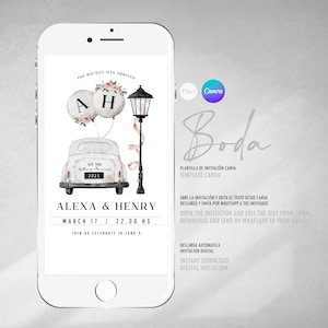 May include: A digital wedding invitation template with a watercolor illustration of a white car with balloons and a street lamp. The text reads "The Big Day Has Arrived", "Alexa & Henry", "March 17 / 22.00 HS", "Join Us Celebrate in Jano's", "Plantilla de Invitaci&oacute;n Canva", "Template Canva", "Abre la invitaci&oacute;n y edita el texto desde Canva", "Descarga y env&iacute;a por Whatsapp a tus invitados", "Open the invitation and edit the text from Canva", "Download and send by Whatsapp to your guests", "Descarga autom&aacute;tica", "Invitaci&oacute;n digital", "Instant Download", "Digital Invitation".