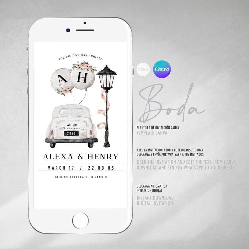 May include: A digital wedding invitation template with a watercolor illustration of a white car with balloons and a street lamp. The text reads "The Big Day Has Arrived", "Alexa & Henry", "March 17 / 22.00 HS", "Join Us Celebrate in Jano's", "Plantilla de Invitaci&oacute;n Canva", "Template Canva", "Abre la invitaci&oacute;n y edita el texto desde Canva", "Descarga y env&iacute;a por Whatsapp a tus invitados", "Open the invitation and edit the text from Canva", "Download and send by Whatsapp to your guests", "Descarga autom&aacute;tica", "Invitaci&oacute;n digital", "Instant Download", "Digital Invitation".
