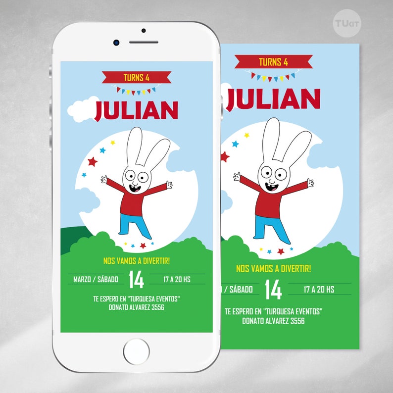 Pu&ograve; includere: Un invito digitale di compleanno per un bambino di nome Julian che compie quattro anni. L'invito presenta un coniglio dei cartoni animati con una camicia rossa e pantaloni blu. L'invito include la data, l'ora e il luogo della festa. Il testo sull'invito recita "TURNS 4", "JULIAN", "NOS VAMOS A DIVERTIR!" (che si traduce in "Divertiamoci!"), "MARZO / S&Aacute;BADO 14" (che si traduce in "Marzo / Sabato 14"), "17 A 20 HS" (che si traduce in "Dalle 17 alle 20"), "TE ESPERO EN "TURQUESA EVENTOS" DONATO ALVAREZ 3556" (che si traduce in "Ti aspetto a "TURQUESA EVENTS" DONATO ALVAREZ 3556").