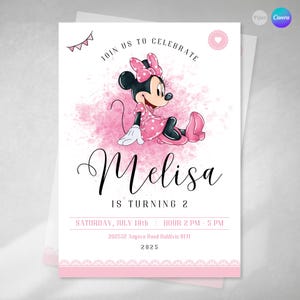 Invitacion editable, invitación minnie acuarela, invitaciones de cumpleaños, minnie rosa, texto editable canva