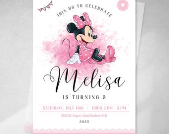 Edytowalne zaproszenie, akwarelowe zaproszenie Minnie, zaproszenia urodzinowe, różowa Minnie, edytowalny tekst Canva