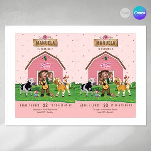 May include: A pink and white invitation for a birthday party. The invitation features a cartoon farm scene with a barn, animals, and a character playing a guitar. The text on the invitation reads "MANUELA IS TURNING 2" and includes the date and time of the party. The party is on April 23rd from 3:30 to 7:00 PM. The party is being held at Mundo Kids Eventos in Junin 2025, Recoleta.