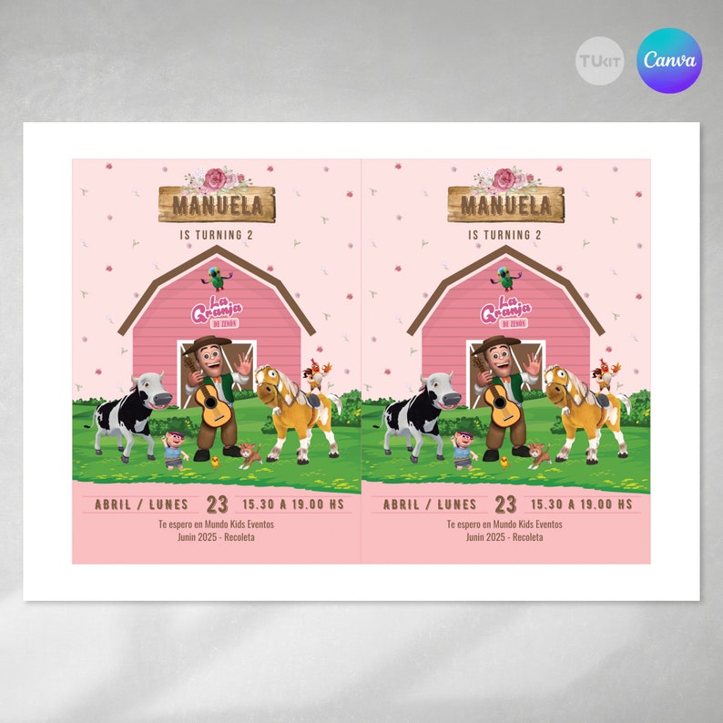 May include: A pink and white invitation for a birthday party. The invitation features a cartoon farm scene with a barn, animals, and a character playing a guitar. The text on the invitation reads "MANUELA IS TURNING 2" and includes the date and time of the party. The party is on April 23rd from 3:30 to 7:00 PM. The party is being held at Mundo Kids Eventos in Junin 2025, Recoleta.