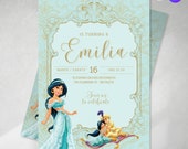 Invitacion editable, invitación princesa jazmin, invitaciones de cumpleaños, princess, texto editable canva