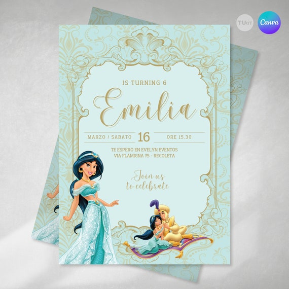 Invitacion editable, invitación princesa jazmin, invitaciones de cumpleaños, princess, texto editable canva
