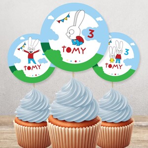 Cupcake topper, Simon the Rabbit, editable text Canva Tukit image 4
