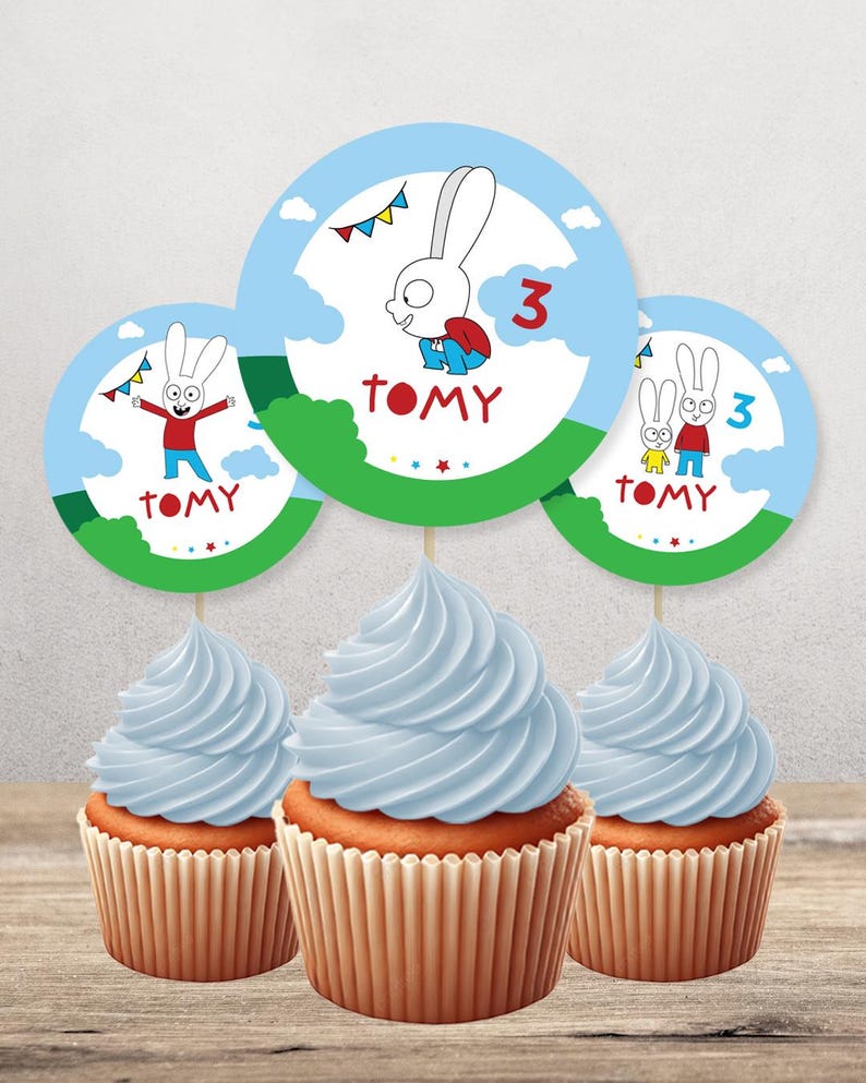 Cupcake topper, Simon the Rabbit, editable text Canva Tukit image 4