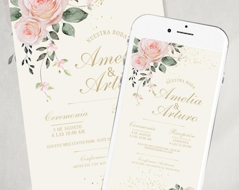 Watercolor rose invitation, wedding invitation, wedding invitations, soft pink flowers, flowers, editable text on Canva