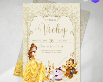 Editable invitation, invitation, editable Canva invitations for a Belle princess birthday (Tukit)