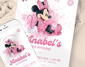 May include: A birthday invitation card and a smartphone screen displaying the same design featuring a cartoon mouse in a pink polka dot dress and bow, with the text Three is magic, Anabel's 3rd Birthday, and event details in pink and black.