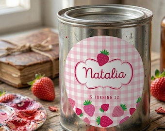 Printable strawberry circles, editable text, Canva, 5cm x 10cm, Tukit