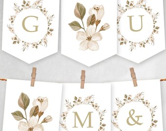 Natural flower banner abc, printable flower pennants, watercolor flower pennant, white background, birthday flowers party, alphabet