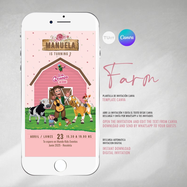 Editable invitation, invitation, Canva invitations, Zenon's Farm, editable birthday invitation, pink Zenon, Tukit Farm image 2