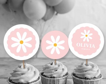 Cupcake topper, multipurpose circle, tukit pink background daisies