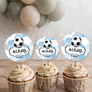 Adorno para cupcakes, deporte futbol, texto editable canva tukit