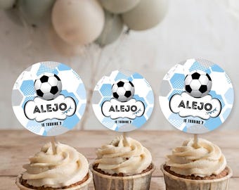 Cupcake topper, soccer sport, editable text canva tukit