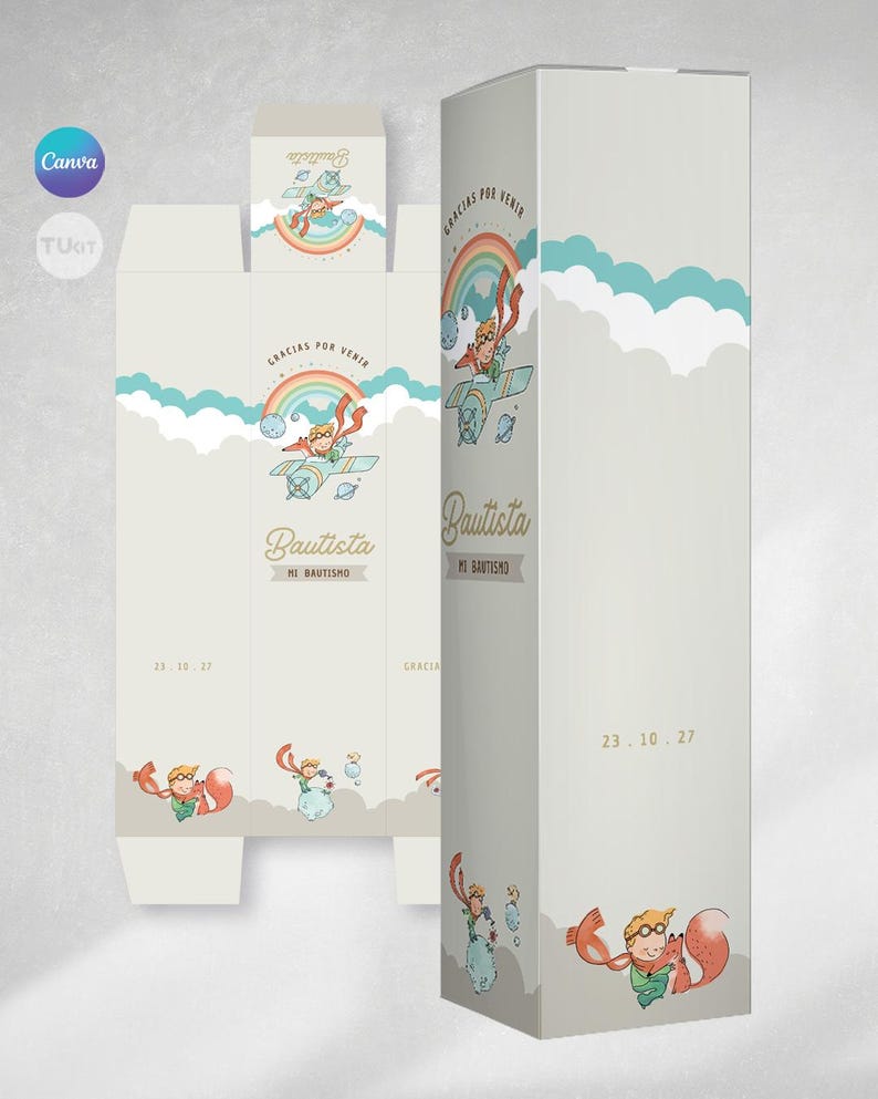 May include: A light grey gift box featuring illustrations of a boy in a plane, a fox, and a rainbow. The box has the text "Gracias por venir" and "Bautista" with the date "23.10.27". The design includes clouds and a banner.