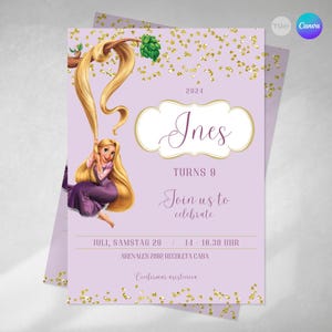 Convite editável de rapunzel, convite de princesa, convites de aniversário, tukit de princesa rapunzel