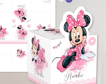 Minnie Mouse kubusdoos, afdrukbare doos, roze aquarel Minnie Mouse, afdrukbare doos, bewerkbare tekst Canva, TuKit