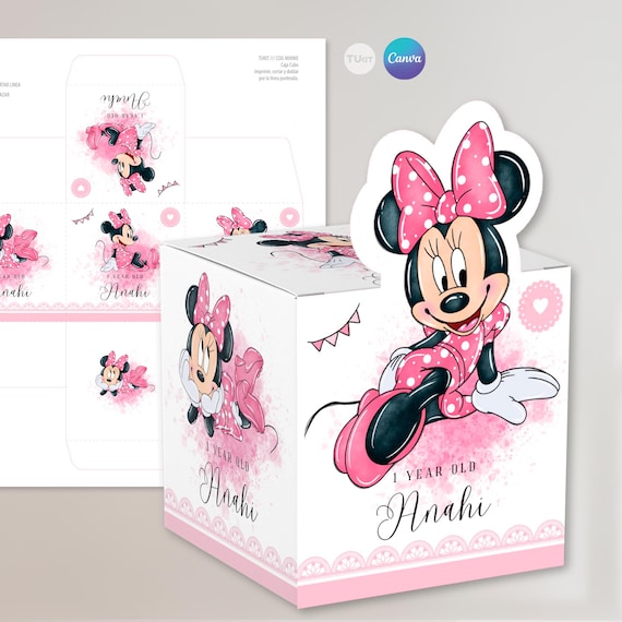 Caja cubo minnie, caja imprimible, minnie acuarela rosa, printable box, texto editable canva, tukit