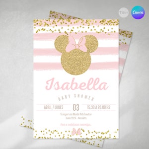 Bewerkbare uitnodiging, uitnodiging, minnie, roze minnie canva, glitterboog, strepen, afdrukbare uitnodigingen, uitnodiging voor feest, tukit