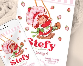May include: A birthday invitation card and a smartphone screen displaying the same design featuring a cartoon character with red hair and a pink hat on a swing, surrounded by strawberries, with the text Stefy is turning 6, Evelyn Eventos, Via Flamigna 75, Recoleta, Marzo, Sabato 16, Ore 11.00.