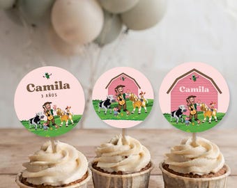 Cupcake topper, farm animals, pink Zenon, editable text Canva Tukit
