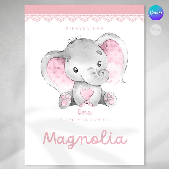 Poster imprimible elefantes, cartel elefantitos 18x24 inches, cartel de bienvenida, personalizable canva, baby elephant tukit