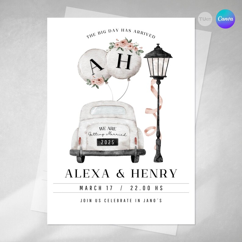 May include: A wedding invitation with a white car with the text "We are getting married 2025" on the back. The car is decorated with two balloons that say "A" and "H" and pink flowers. The invitation also includes the text "The big day has arrived", "Alexa & Henry", "March 17 / 22.00 HS", and "Join us celebrate in Jano's".