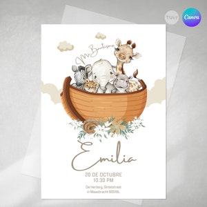 Editable invitation, ark invitation, editable canva invitations, noah&#39;s ark, baptism noah&#39;s ark