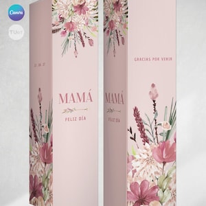 Puede incluir: Dos cajas de regalo rectangulares rosas con diseños florales y texto. Una caja dice "MAMÁ FELIZ DÍA" y la otra "GRACIAS POR VENIR". Las cajas tienen un arreglo floral de flores rosas, blancas y verdes.