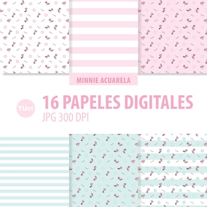 Papiery cyfrowe Minnie, papiery do druku Minnie, pliki PNG, papier cyfrowy jpg, akwarela Minnie Tukit