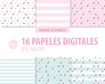 Minnie digital papers, minnie printable papers, png files, digital paper jpg, minnie watercolor tukit