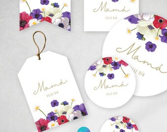 Mini printable flower kit, Canva template, poppies flowers, tag circles bag closure Tukit