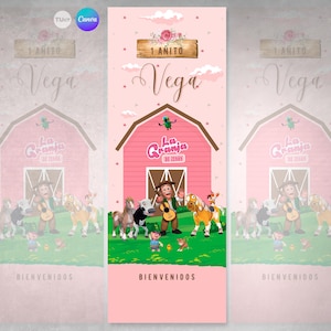 Banner rectangular imprimible, texto editable canva, backdrop granja zenon, granja zenon rosa, cartel 60x160cm tukit