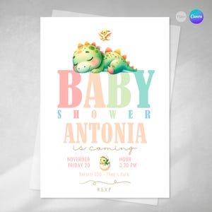 Editable dinosaur invitation, editable canva text, baby shower invitations, tukit baby dinosaur