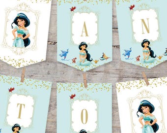 May include: A decorative banner set featuring six pennants with light blue and white backgrounds, gold glitter accents, and illustrations of Princess Jasmine. The pennants display the letters A, N, T, and O in a gold serif font within ornate frames.