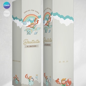 Puede incluir: Dos cajas altas y rectangulares con fondo gris claro. Las cajas presentan ilustraciones de un piloto de dibujos animados con un arcoíris y nubes. El texto incluye "Gracias por venir", "Bautista" y "Mi Bautismo". Una caja tiene la fecha "23.10.27".