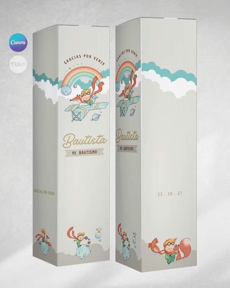 May include: Two tall, rectangular boxes with a light grey background. The boxes feature illustrations of a cartoon pilot with a rainbow and clouds. Text includes "Gracias por venir", "Bautista", and "Mi Bautismo". One box has the date "23.10.27".