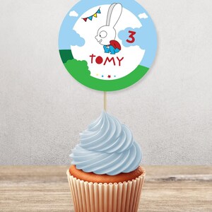 Cupcake topper, Simon the Rabbit, editable text Canva Tukit image 3