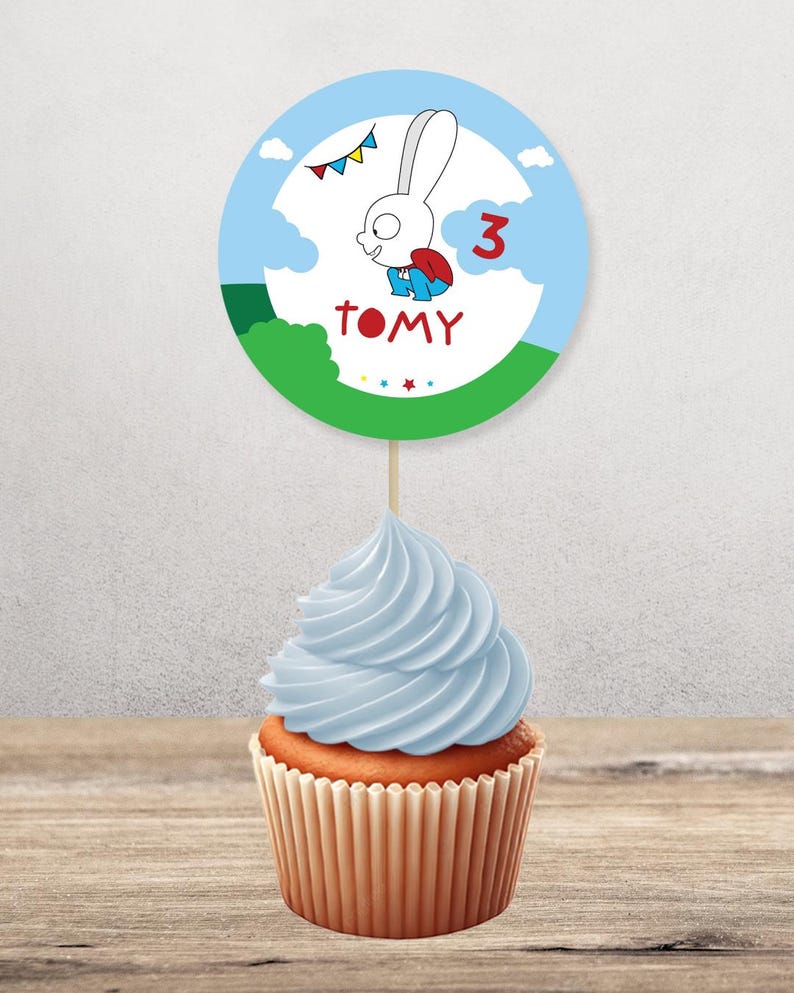 Cupcake topper, Simon the Rabbit, editable text Canva Tukit image 3