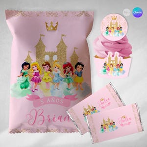 Canva template party pack, party bundle printable, chip bag, water bottle label, princess girls, princess