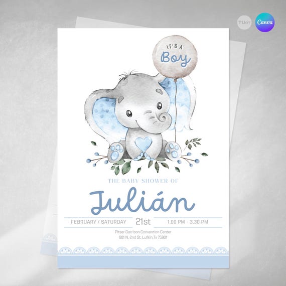 Invitacion elefante celeste, invitación elefante, invitaciones baby shower, baby elephant, invitacion editable canva