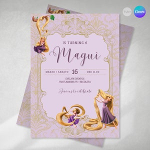 Bearbeitbare Einladung, Rapunzel-Einladung, Geburtstagseinladungen, Prinzessin Rapunzel, bearbeitbarer Text Canva