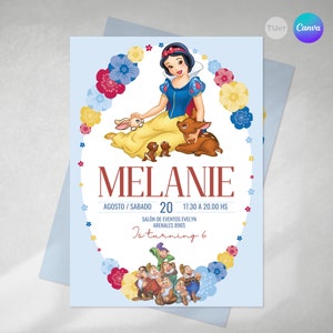 Convite editável, convite, convites Canva Branca de Neve, convite de aniversário, Princesa Branca de Neve Tukit